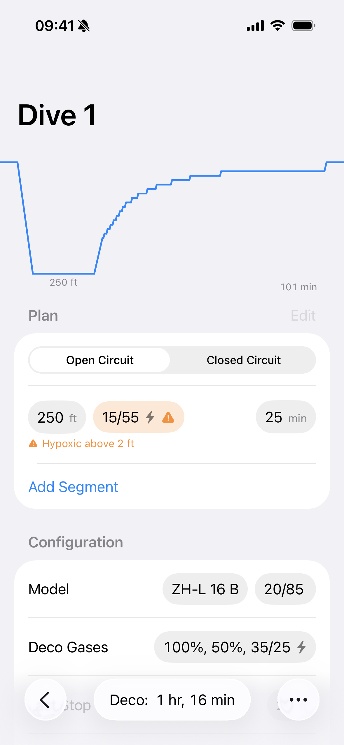 Deco Captain dive planner screen
